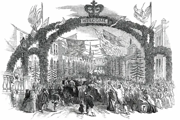 Framed Print : Festivities at Chippenham - the High-Street, from the Bridge - Arrival of Mr. Neeld, M.P. 1850. Creator: Unknown Framed Print : Festivities at Chippenham - the High-Street, from the Bridge - Arrival of Mr. Neeld, M.P. 1850. Creator: Unknown