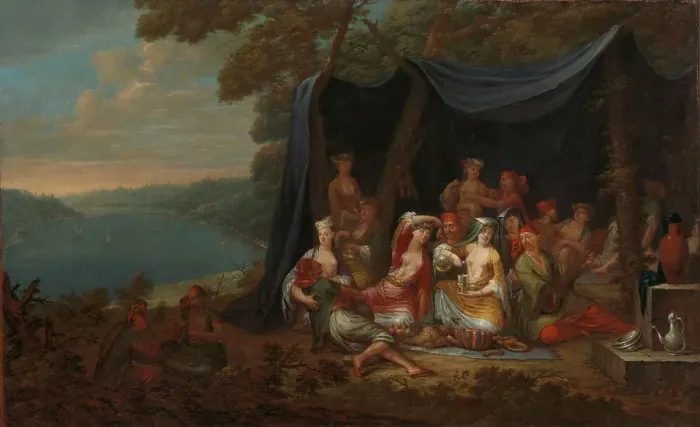 Framed Print : Fête champêtre with Turkish Courtiers under a Tent, c.1720-c.1737. Creator: Jean Baptiste Vanmour Framed Print : Fête champêtre with Turkish Courtiers under a Tent, c.1720-c.1737. Creator: Jean Baptiste Vanmour