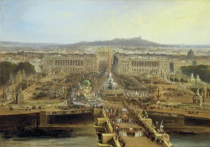 Framed Print : Fête de la Concorde, le 21 mai 1848 : défilé sur la place de la Concorde des corporations... Creator: Jean Jacques Champin Framed Print : Fête de la Concorde, le 21 mai 1848 : défilé sur la place de la Concorde des corporations... Creator: Jean Jacques Champin