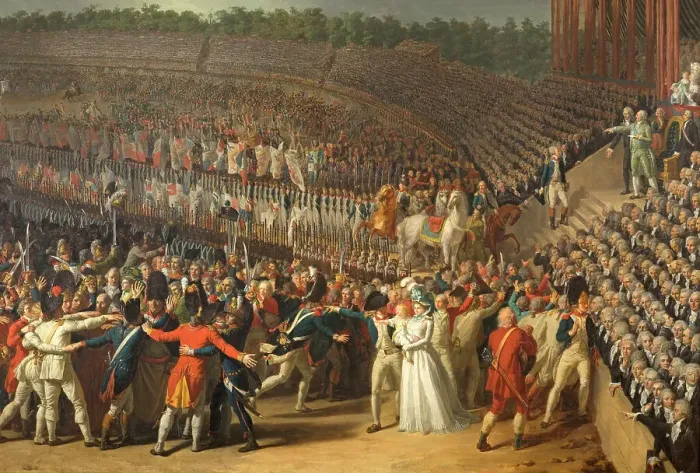 Framed Print : Fete de la Federation July 14, 1790, at the Champ-de-Mars, current 7th arrondissement, 1792. Creator: Charles Thevenin Framed Print : Fete de la Federation July 14, 1790, at the Champ-de-Mars, current 7th arrondissement, 1792. Creator: Charles Thevenin