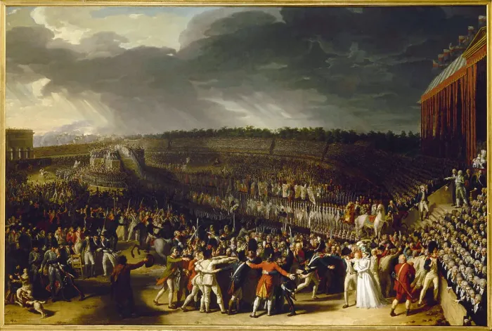 Framed Print : Fete de la Federation July 14, 1790, at the Champ-de-Mars, current 7th arrondissement, 1792. Creator: Charles Thevenin Framed Print : Fete de la Federation July 14, 1790, at the Champ-de-Mars, current 7th arrondissement, 1792. Creator: Charles Thevenin