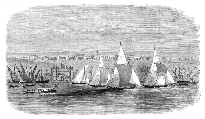 Framed Print : Fetes of the Viceroy of Egypt at Cairo: regatta at Ismailia, on Lake Timsah, 1869. Creator: Unknown Framed Print : Fetes of the Viceroy of Egypt at Cairo: regatta at Ismailia, on Lake Timsah, 1869. Creator: Unknown