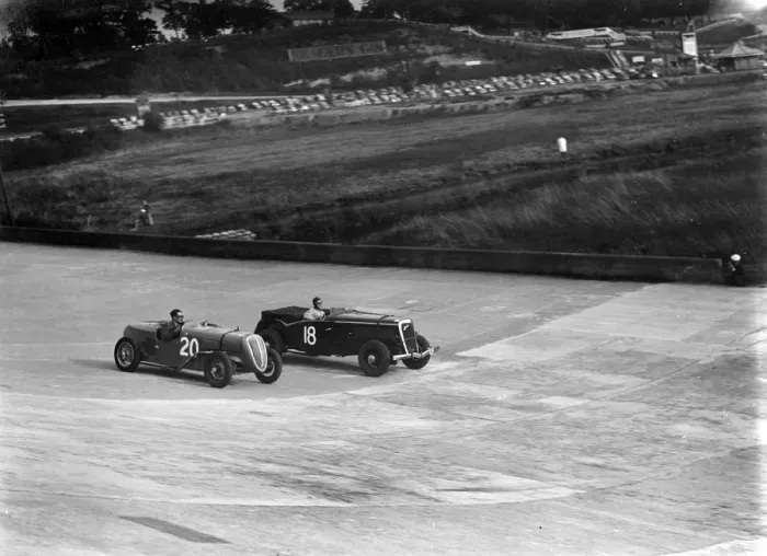 Framed Print : Fiat Balilla and Jensen racing at the BARC Meeting, Brooklands, 15 October 1938. Artist Framed Print : Fiat Balilla and Jensen racing at the BARC Meeting, Brooklands, 15 October 1938. Artist