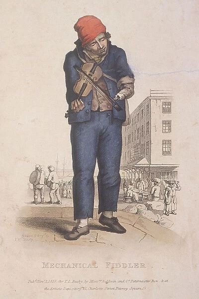 Fiddler with a prosthetic arm, with a market in the background, 1820