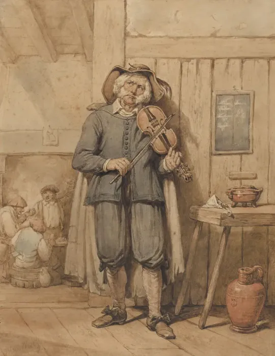 Framed Print : A Fiddler in a Tavern, with Three Men in the Background, mid-19th century Framed Print : A Fiddler in a Tavern, with Three Men in the Background, mid-19th century