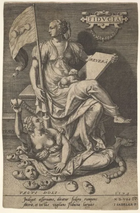 Framed Print : Fiducia, a seated woman holds a book and banner while turning her head away from a Framed Print : Fiducia, a seated woman holds a book and banner while turning her head away from a