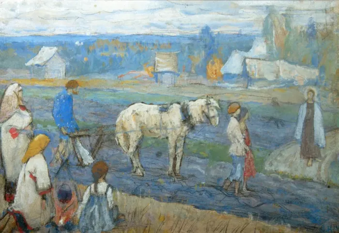 Framed Print : At the field, 1911. Artist: Nesterov, Mikhail Vasilyevich (1862-1942) Framed Print : At the field, 1911. Artist: Nesterov, Mikhail Vasilyevich (1862-1942)
