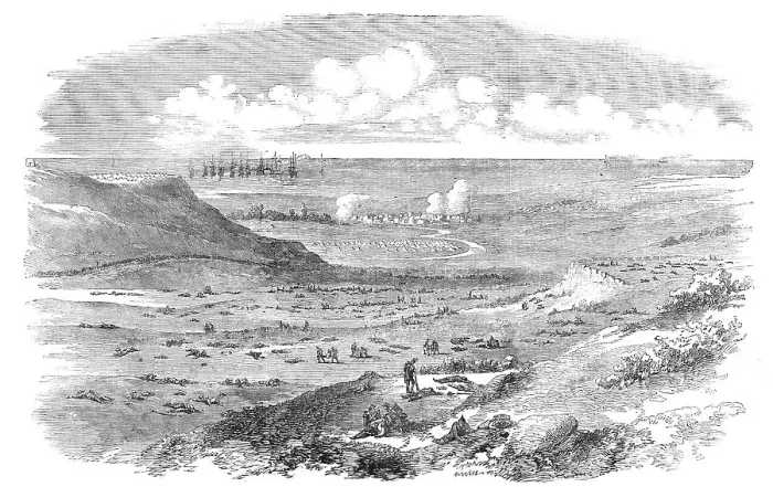 Framed Print : The Field of the Alma, after the Battle, sketched by an officer of the 21st N.B. Fusiliers, 1854. Creator: Unknown Framed Print : The Field of the Alma, after the Battle, sketched by an officer of the 21st N.B. Fusiliers, 1854. Creator: Unknown