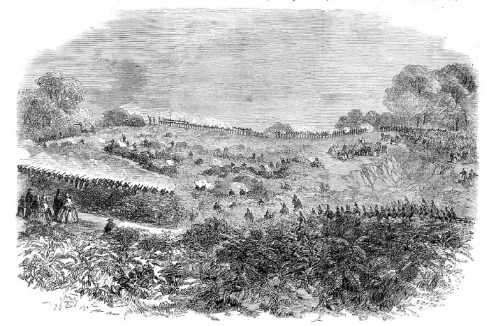 Framed Print : Field-day and Sham Fight of Volunteers on Hampstead Heath, 1860. Creator: Unknown Framed Print : Field-day and Sham Fight of Volunteers on Hampstead Heath, 1860. Creator: Unknown