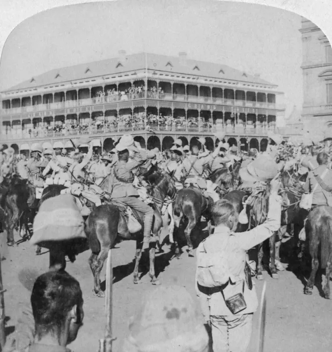 Framed Print : Field Marshal Lord Roberts and staff cheering the Queen, Pretoria, South Africa, 5th June 1900. Artist: Underwood & Underwood Framed Print : Field Marshal Lord Roberts and staff cheering the Queen, Pretoria, South Africa, 5th June 1900. Artist: Underwood & Underwood