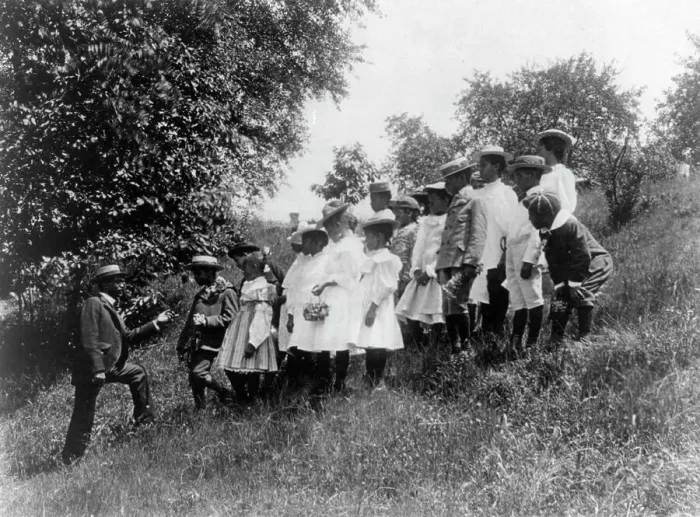 Framed Print : Field-trip - school children outdoors listening to man, DC Public School, 8th Division (?), (1899?). Creator: Frances Benjamin Johnston Framed Print : Field-trip - school children outdoors listening to man, DC Public School, 8th Division (?), (1899?). Creator: Frances Benjamin Johnston