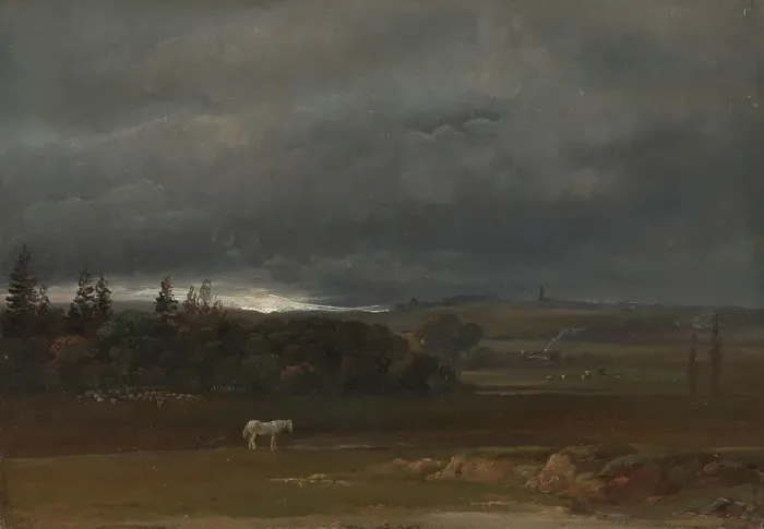 Framed Print : Fields near Dresden with a white Horse, 1819. Creator: Johan Christian Dahl Framed Print : Fields near Dresden with a white Horse, 1819. Creator: Johan Christian Dahl