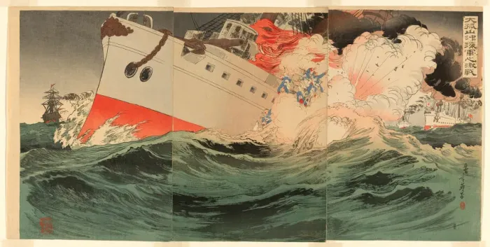 Framed Print : Fierce Naval Battle Off Takushan (Daikosan oki kaigun no gekisen), Japan, 1894 Framed Print : Fierce Naval Battle Off Takushan (Daikosan oki kaigun no gekisen), Japan, 1894