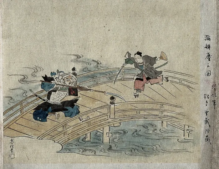 Framed Print : A fierce samurai holding a spear fighting an effeminate samurai on a bridge, between 1800 and 1899. Creator: Unknown Framed Print : A fierce samurai holding a spear fighting an effeminate samurai on a bridge, between 1800 and 1899. Creator: Unknown