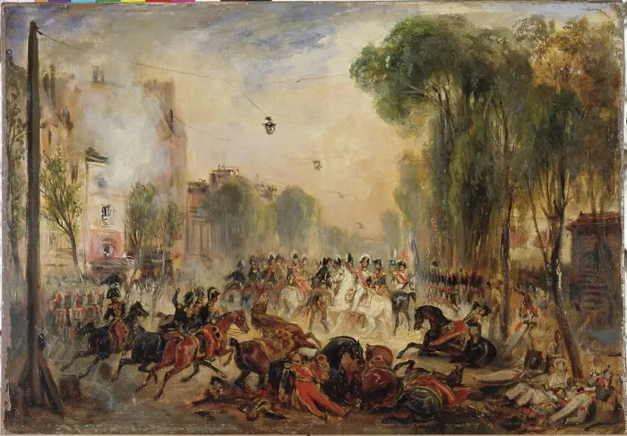 Framed Print : The Fieschi attack, boulevard du Temple, July 28, 1835. Creator: Francois-Gabriel-Guillaume Lepaulle Framed Print : The Fieschi attack, boulevard du Temple, July 28, 1835. Creator: Francois-Gabriel-Guillaume Lepaulle