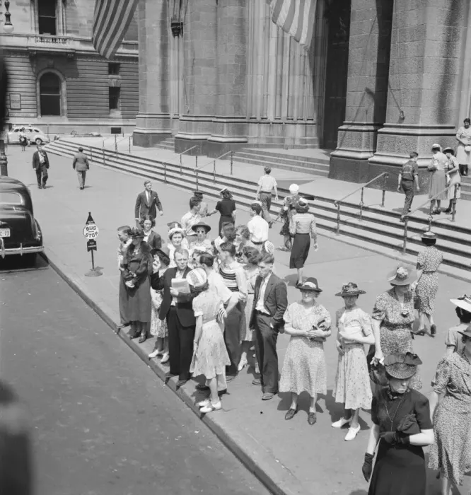 Framed Print : Fifth Avenue at Saint Patricks Cathedral, waiting for an uptown bus, New York City, 1939. Creator: Dorothea Lange Framed Print : Fifth Avenue at Saint Patricks Cathedral, waiting for an uptown bus, New York City, 1939. Creator: Dorothea Lange