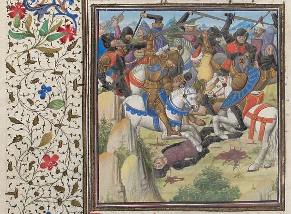 Fight between Christians and Saracens under Saladin. Miniature from the Historia by William of Tyre, 1460s. Artist: Anonymous