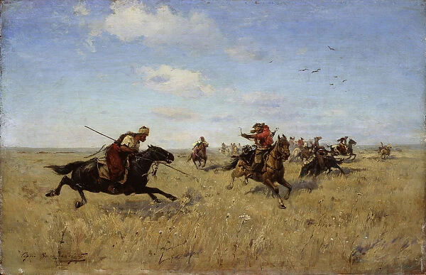Fight between Dnieper Cossacks and Tatars, 1892. Artist: Vasilkovsky, Sergei Ivanovich (1854-1917)