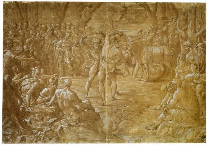 Framed Print : The Fight between Entellus of Sicily and Dares of Troy, c1544. Artist: Luca Penni