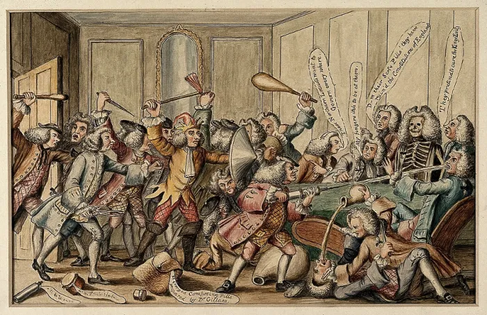 Framed Print : A fight between the Fellows of the Royal College of Physicians and the licentiates of Sco...in 1767. Creator: Unknown Framed Print : A fight between the Fellows of the Royal College of Physicians and the licentiates of Sco...in 1767. Creator: Unknown