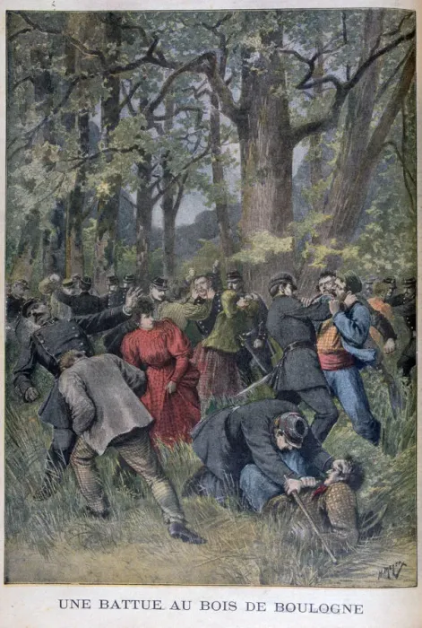 Framed Print : Fight between gendarmes and civilians in the Bois de Boulogne, Paris, 1895. Artist: Henri Meyer Framed Print : Fight between gendarmes and civilians in the Bois de Boulogne, Paris, 1895. Artist: Henri Meyer
