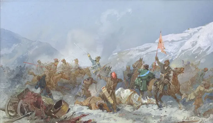 Framed Print : Fight with Pugachev's Troops, 19th century. Creator: Nikolay Nikolaevich Karazin Framed Print : Fight with Pugachev's Troops, 19th century. Creator: Nikolay Nikolaevich Karazin