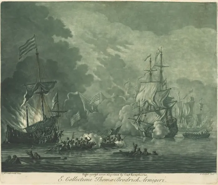 Framed Print : Fight against Seven Algerines, 1720s. Creator: Elisha Kirkall Framed Print : Fight against Seven Algerines, 1720s. Creator: Elisha Kirkall