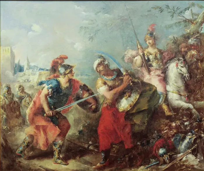 Framed Print : The Fight between Tancred and Argante With Clorinda in the Background, 1714-1760. Creator: Antonio Guardi Framed Print : The Fight between Tancred and Argante With Clorinda in the Background, 1714-1760. Creator: Antonio Guardi