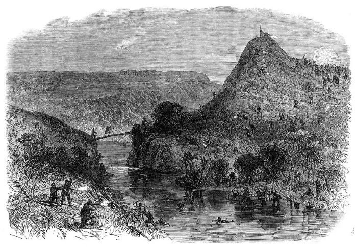 Framed Print : Fight at Waiari, on the Mangapiko River, New Zealand, on the 11th of February, 1864. Creator: Unknown Framed Print : Fight at Waiari, on the Mangapiko River, New Zealand, on the 11th of February, 1864. Creator: Unknown