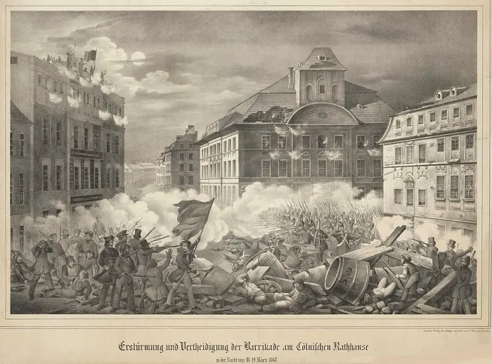 Framed Print : Fighting on the barricade at the Köllnische Rathaus (Cölln Town Hall) in Berlin...March 18-19, 1848. Creator: Anonymous Framed Print : Fighting on the barricade at the Köllnische Rathaus (Cölln Town Hall) in Berlin...March 18-19, 1848. Creator: Anonymous