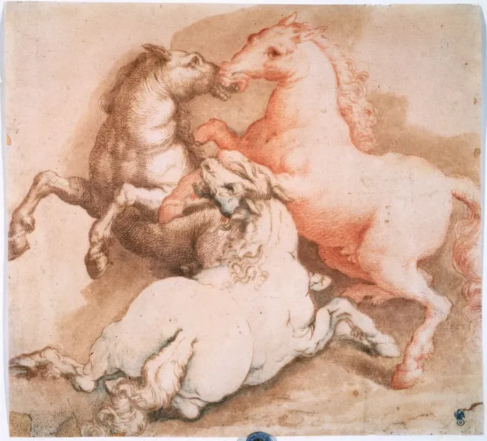Framed Print : Fighting Horses, c1550-1600. Old Master Framed Print : Fighting Horses, c1550-1600. Old Master