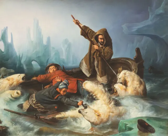 Framed Print : Fighting Polar Bears, 1839. Creator: Biard, Francois-August (1798-1882) Framed Print : Fighting Polar Bears, 1839. Creator: Biard, Francois-August (1798-1882)
