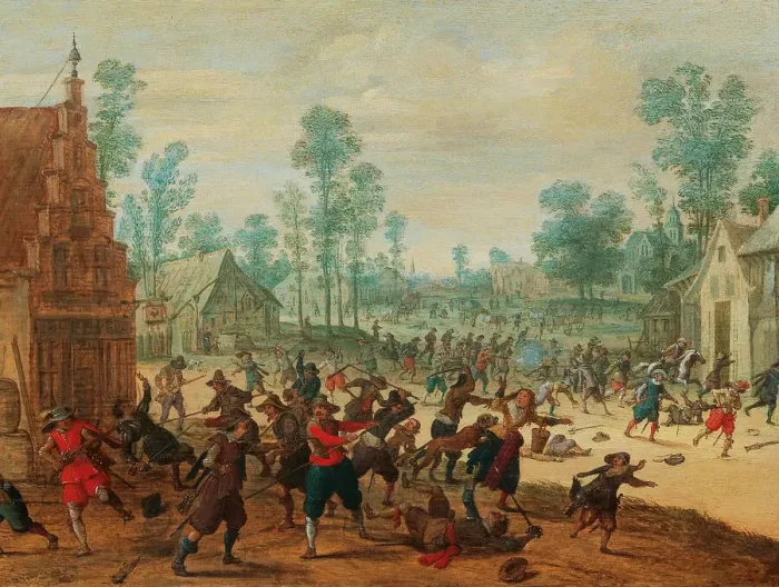 Framed Print : Fighting soldiers in a village, c. 1630. Creator: Vrancx, Sebastiaen (1574-1647) Framed Print : Fighting soldiers in a village, c. 1630. Creator: Vrancx, Sebastiaen (1574-1647)