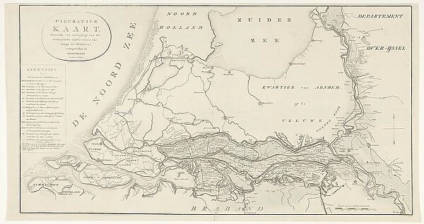 Figurative map, giving an indication of the main dike breaches, etc.: along the Rivers, 1809. Creator: Antoni Zürcher