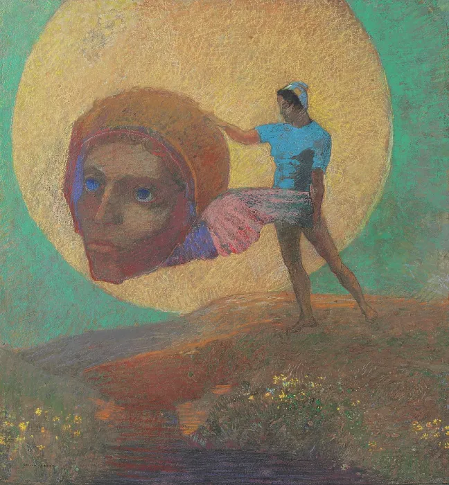 Framed Print : Figure bearing a winged head (The Fall of Icarus), c1876. Creator: Redon, Odilon (1840-1916) Framed Print : Figure bearing a winged head (The Fall of Icarus), c1876. Creator: Redon, Odilon (1840-1916)