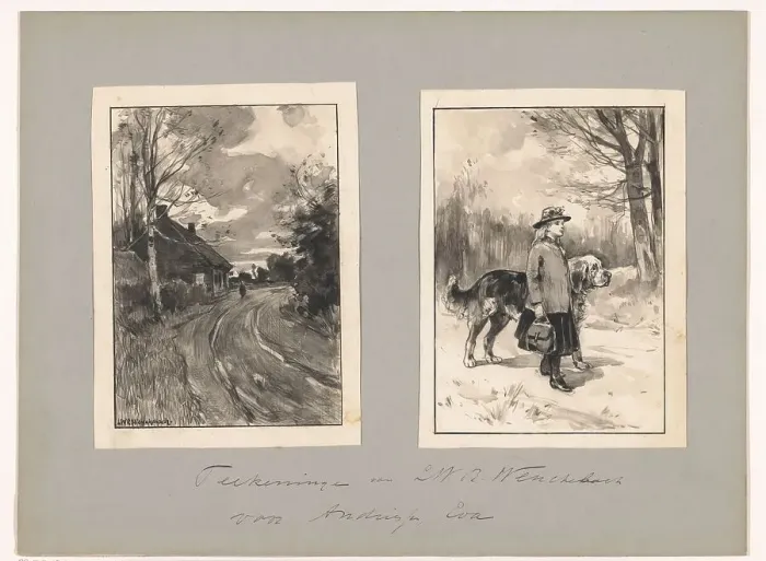 Framed Print : Figure on a country road and a girl with dog, in or before 1883-c.1904. Creator: Willem Wenckebach Framed Print : Figure on a country road and a girl with dog, in or before 1883-c.1904. Creator: Willem Wenckebach