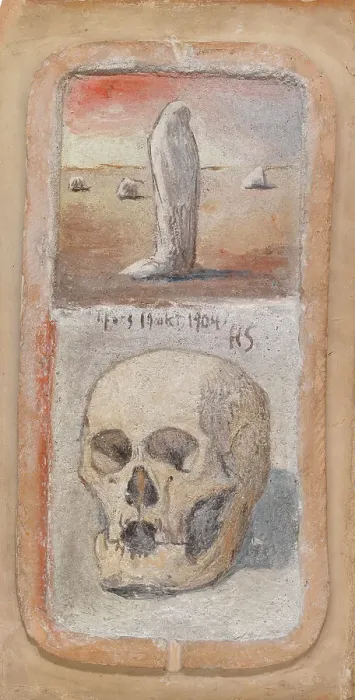 Framed Print : Figure in the Desert, and a Skull, Tampere Cathedral Frescoes, 1904. Creator: Hugo Simberg Framed Print : Figure in the Desert, and a Skull, Tampere Cathedral Frescoes, 1904. Creator: Hugo Simberg