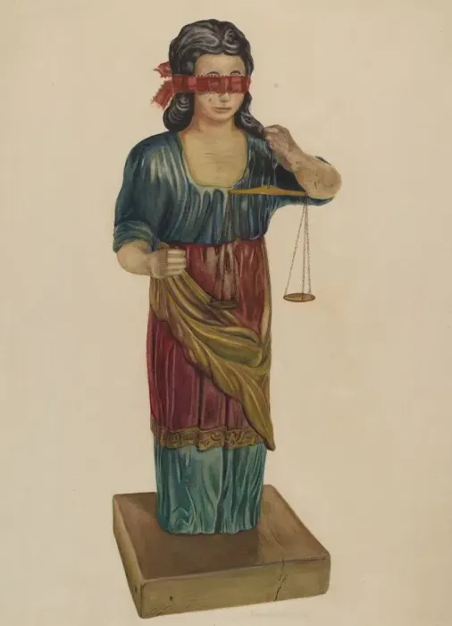 Framed Print : Figure of Justice, c. 1938. Creator: Elmer R. Kottcamp Framed Print : Figure of Justice, c. 1938. Creator: Elmer R. Kottcamp