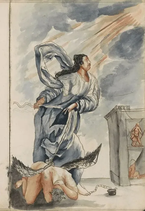 Framed Print : Figure in a long robe with a chained angel, 1696. Creator: Hendrick van Beaumont