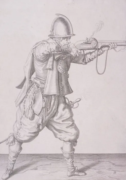 Framed Print : Figure in military clothing firing a musket and wearing a sword, 1607 Framed Print : Figure in military clothing firing a musket and wearing a sword, 1607