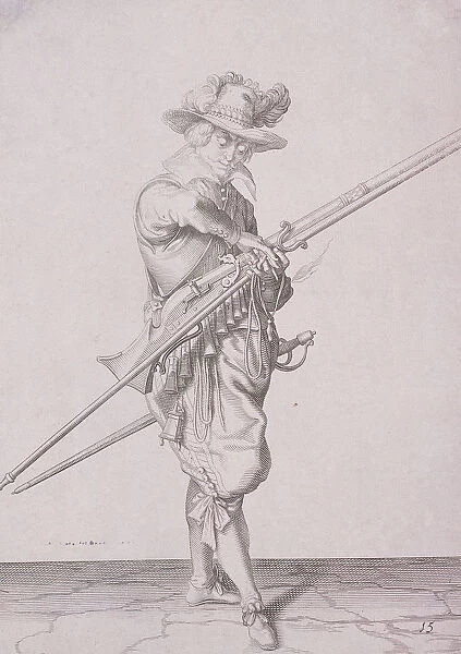 Figure in military clothing holding a musket and wearing a sword, 1607