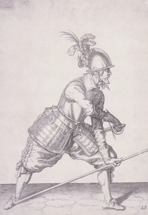 Framed Print : Figure in military clothing holding a pike in one hand and a sword in the other, 1607 Framed Print : Figure in military clothing holding a pike in one hand and a sword in the other, 1607
