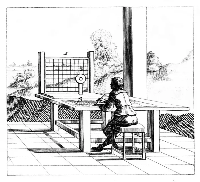 Framed Print : Figure practising perspective drawing, 1639 Framed Print : Figure practising perspective drawing, 1639