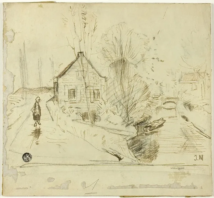 Framed Print : Figure on Road by House and Canal, n.d. Creator: Unknown Framed Print : Figure on Road by House and Canal, n.d. Creator: Unknown