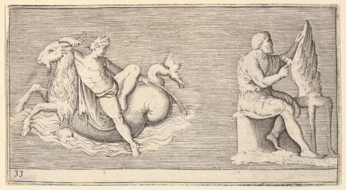 Framed Print : Figure on Seagoat; Man Carving Wing, published ca. 1599-1622. Creator: Unknown Framed Print : Figure on Seagoat; Man Carving Wing, published ca. 1599-1622. Creator: Unknown