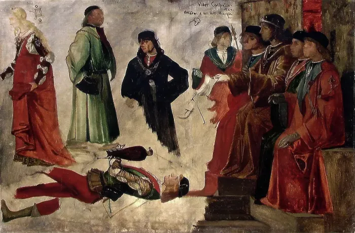 Framed Print : Figure Studies after The Amassadors of England - Copy after Vittore Carpaccio, 1875. Creator: Eilif Peterssen Framed Print : Figure Studies after The Amassadors of England - Copy after Vittore Carpaccio, 1875. Creator: Eilif Peterssen