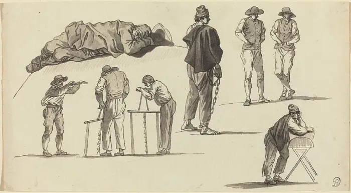 Framed Print : Figure Studies, Including One Man Sleeping on the Ground and Two Men Sawing. Creator: Claude-Joseph Vernet Framed Print : Figure Studies, Including One Man Sleeping on the Ground and Two Men Sawing. Creator: Claude-Joseph Vernet