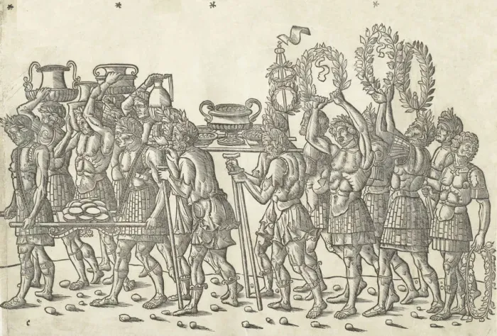 Framed Print : Figures bearing trophies and and carrying wreaths, from The Triumph of Caesar, 1504. Creator: Jacob von Strassburg Framed Print : Figures bearing trophies and and carrying wreaths, from The Triumph of Caesar, 1504. Creator: Jacob von Strassburg