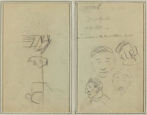 Two Figures and a Bench; Three Studies of Men's Heads and One of a Hand [recto], 1884-1888. Creator: Paul Gauguin