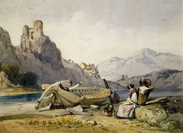 Figures and a boat on the shore of a lake, a house and ruined castle in the background, c1830s